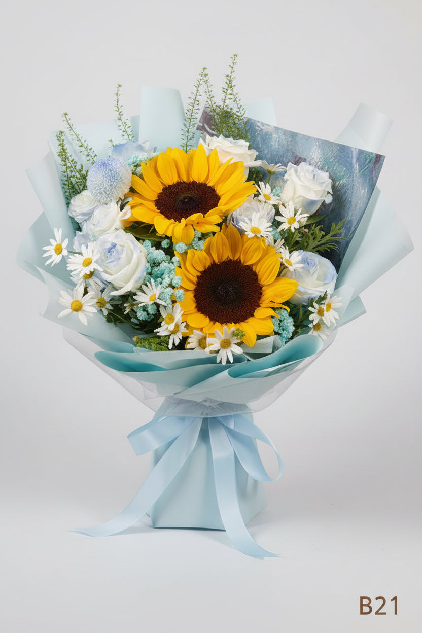 向日葵冰川藍玫瑰花束 B21
