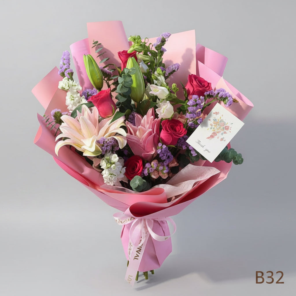 重瓣百合配高盛玫瑰花束 B32