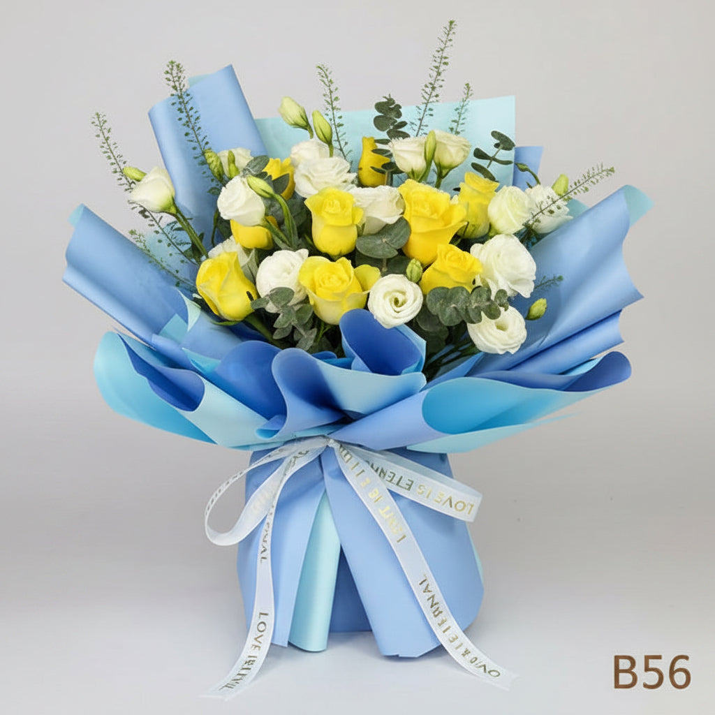 黃玫瑰配桔梗bb草花束 B56